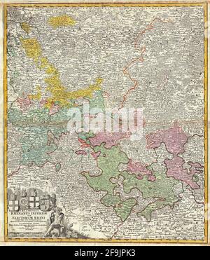 Carte d'Allemagne de Homann datant du XVIIIe siècle. Toutes les cartes sont magnifiquement colorées et illustrées montrant le monde connu en ce moment. Banque D'Images