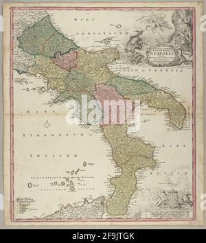 Carte de Neapolis de Homann datant du XVIIIe siècle. Toutes les cartes sont magnifiquement colorées et illustrées montrant le monde connu en ce moment. Banque D'Images