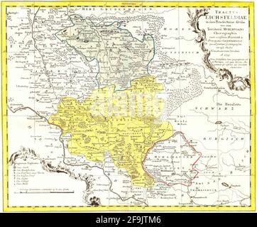 Carte d'Homann d'époque dessinée à la main d'Eichsfeldiae du XVIIIe siècle. Toutes les cartes sont magnifiquement colorées et illustrées montrant le monde connu en ce moment. Banque D'Images