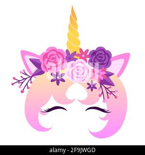 Vector unicorn face avec yeux fermés et une couronne de fleurs. Illustration de Vecteur