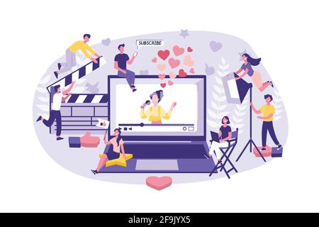 Concept d'entreprise Influencer marketing. Grand groupe de commis prêt à travailler en équipe, le tournage de la célébrité et l'avancement du contenu. Équipe d'hommes d'affaires Illustration de Vecteur