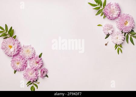 Composition avec fleurs roses sur fond blanc Banque D'Images
