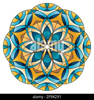 Décoration ronde orientale vitraux mandala jaune et bleu couleurs Illustration de Vecteur