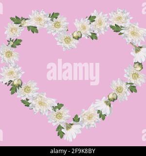 Belle forme de coeur fait avec des fleurs blanches et arrangement de feuilles sur fond rose pastel. Concept minimaliste créatif de Valentines, femmes, Wedd Banque D'Images