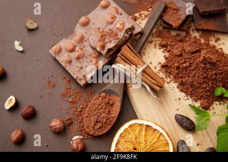 chocolat aux noisettes, fèves de cacao et poudre Banque D'Images