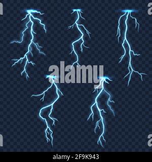 Éclairs et éclairs d'orage sur fond transparent. Vecteur réaliste tempête foudre et coups de tonnerre avec flache électrique Illustration de Vecteur