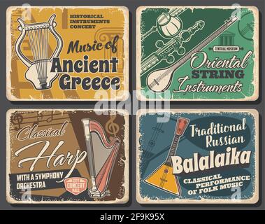 Bannières vectorielles rétro pour instruments de musique folk et nationaux. Instruments à cordes orientaux, musique de la Grèce antique et ballaika russe performance, harpe Illustration de Vecteur