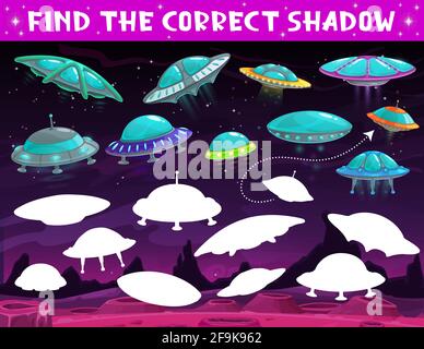 Jeu d'enfants ombre match avec des soucoupes d'ovnis exotiques, trouver le puzzle logique correct d'ombre d'enfants. Petite école ou école maternelle vecteur éducatif avec spa Illustration de Vecteur
