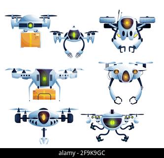 Robot volant, droide drone et personnages de dessin animé de copter. Avion vectoriel. Robots de véhicules aériens sans pilote et hélicoptères équipés de caméras et hélices, Illustration de Vecteur