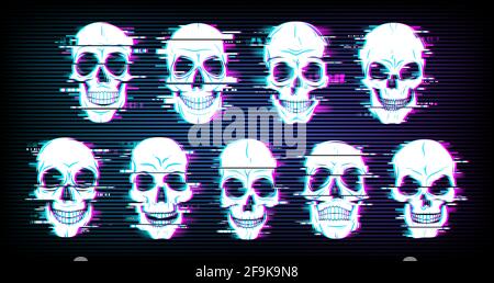 Le vecteur de crânes de Glitch déformé néon luminescent crâniums pixelisés ou Jolly roger. Art numérique trippy, horreur, têtes mortes sur fond noir. Télévision Illustration de Vecteur