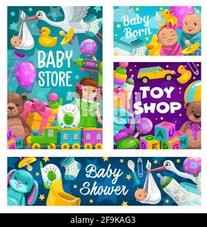 Douche de bébé, magasin de jouets, vecteur de dessin animé de magasin d'enfants. Nouveau-nés et couches, vêtements, écoute-bébé et canard en caoutchouc, biberon et ours doux. Cubes, gi Illustration de Vecteur