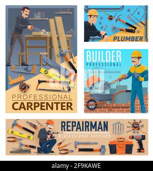 Travailleurs de la réparation et de la construction de maisons, outils. Vecteur. Menuisier coupant du bois en atelier, plomber avec une clé et un mur de briques avec t Illustration de Vecteur