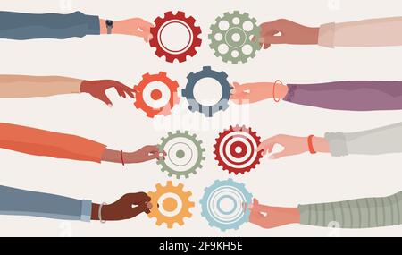 Coopération travail d'équipe et concept de collaboration. Mains tenant un équipement qui se connecte à une autre roue dentée communication entre des personnes diverses. Diversité Illustration de Vecteur