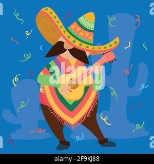 Homme mexicain traditionnel jouant de la guitare - Vector Illustration de Vecteur