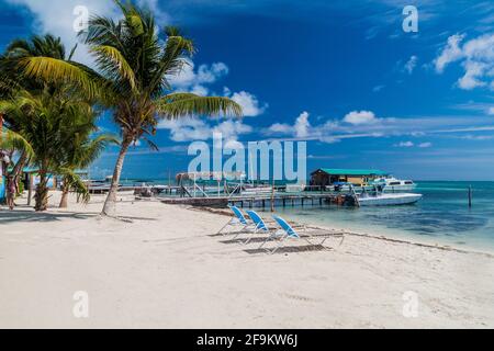 CAYE CAULKER, BELIZE - 2 MARS 2016: Vue sur les jetées dans le village de Caye Caulker, Belize Banque D'Images