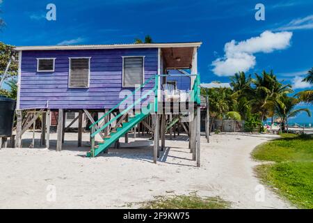 Maison en bois sur pilotis à Caye Caulker Island, Belize Banque D'Images