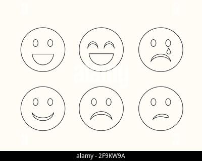 Émoticônes de base définies. Ensemble d'émoticônes de base en forme plate, joli dessin animé du visage de dessin animé, ensemble de lignes émoticônes. Contour smiley. Cercle emoji, sourire Illustration de Vecteur