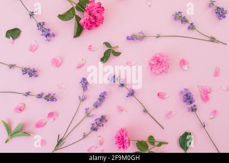 Motif floral de roses roses et de fleurs de lavande isolé sur fond rose. Flat Lay, vue de dessus Banque D'Images