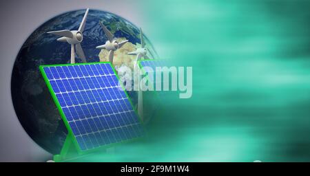 Composition d'éoliennes, panneaux solaires sur le globe avec fumée verte Banque D'Images