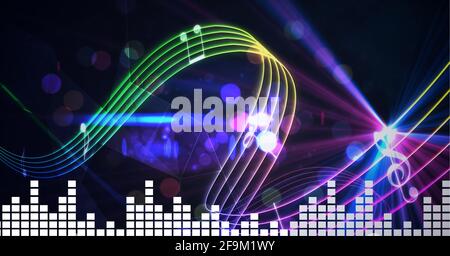 Composition de l'égaliseur graphique blanc de musique par rapport aux notes de musique lignes de couleur arc-en-ciel Banque D'Images