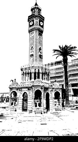 Tour de l'horloge à la place Konak, izmir Turquie construit en l'honneur du Sultan ottoman, Abdulhamit II Illustration de Vecteur