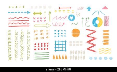 Diverses flèches de dessin, formes de pointeurs de direction et objets. Lignes colorées, courbes, points, spirale à main levée. Style de trait de pinceau. Grunge Illustration de Vecteur