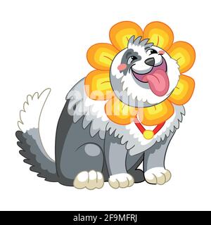 Chien mignon avec harnais en forme de fleur. Personnage de dessin animé. Illustration vectorielle isolée. Pour l'impression et le design, les affiches, la création de pépinière, les cartes, la cist Illustration de Vecteur