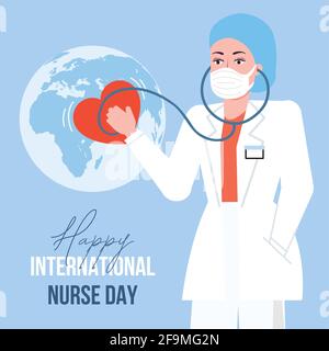 Concept de la Journée internationale des infirmières. Infirmière avec uniforme médical et stéthoscope et illustration du vecteur globe. L'infirmière écoute le coeur du monde Illustration de Vecteur