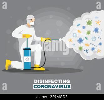 Homme en costume de noisette nettoyage et désinfection des cellules du coronavirus. Désinfection virus mers-COV, 2019-nCoV, COVID-19. Concept de protection contre la pandémie A. Illustration de Vecteur