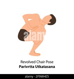 Homme pratiquant le yoga pose isolé Vector Illustration. Homme debout dans une posture de chaise tournée ou paravrtta utkatasana pose, icône Yoga Asana Illustration de Vecteur