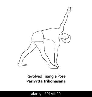 Homme pratiquant le yoga pose isolé contour Illustration. Homme debout dans la posture du triangle tourné ou Parivrtta Trikonasana, icône de la ligne de Yoga Asana Illustration de Vecteur