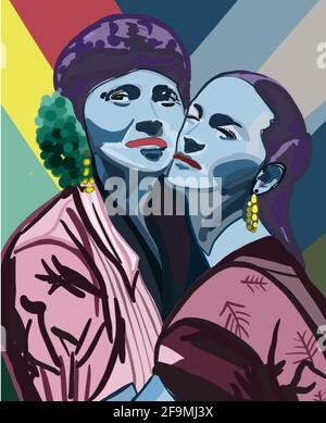 Frida Kahlo une femme mexicaine féministe cubisme peinture conceptuelle avec une autre femme Banque D'Images