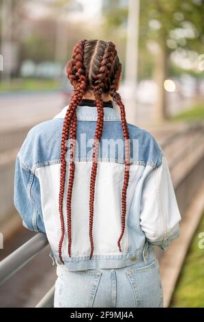 Vue arrière d'une belle femme avec de longues tresses Banque D'Images