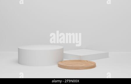 Podium en bois rond scène murale blanche minimale. Plates-formes de podium de cylindre pour la présentation de produits cosmétiques. rendu 3d Banque D'Images