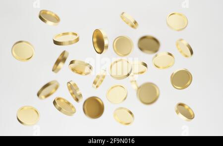 Explosion de pièces de monnaie dorées sur fond blanc. Concept de zone de sélection de jackpot ou de casino. rendu 3d. Banque D'Images