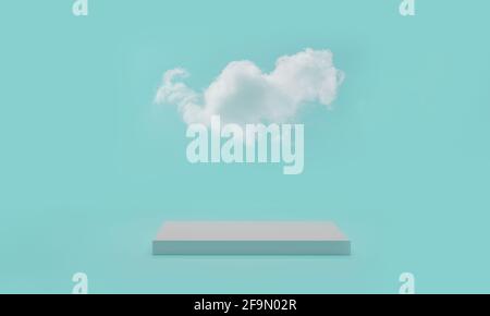 rendu 3d. Scène de podium minimale avec nuage sur fond bleu. Plate-forme abstraite avec podium de cylindre, support de présentation de produit. Banque D'Images