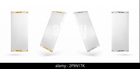Forfait chocolat avec maquette 3d dorée et argentée, pack vierge pour le dessus de la barre Chocobreak et la vue d'angle. Boîtes en papier pour produit doux isolées sur fond transparent, maquette vectorielle réaliste, ensemble Illustration de Vecteur