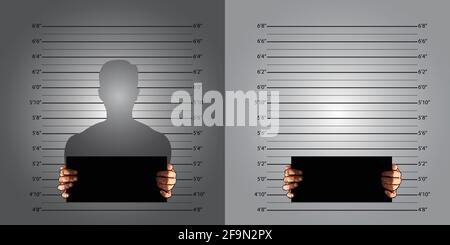 Lignes de mesure de fond de police mugshot dans la norme américaine et bannière sur deux mains, vecteur Illustration de Vecteur