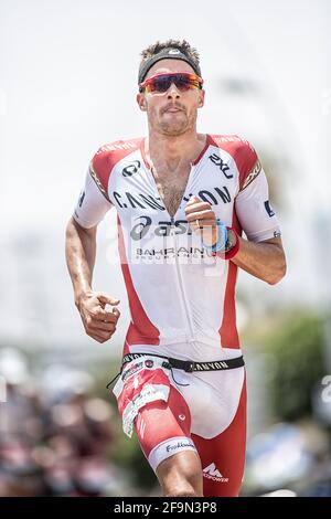 Lanzarote 2016. Jan Frodeno courant à pied dans le Lanzarote Ironman 2016. Banque D'Images