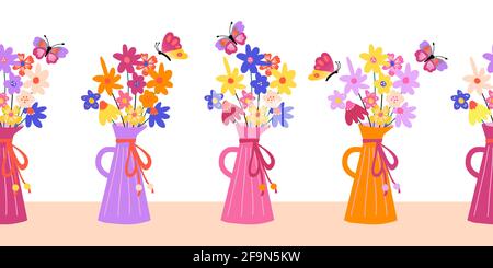 Vase fleur papillons bordure sans couture. Répétition horizontale de motif avec des fleurs et des insectes colorés. À utiliser pour la fête des mères, la carte d'anniversaire, les ressorts Banque D'Images