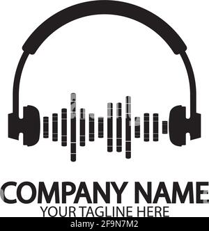 Casque avec microphone et ondes sonores, concept de logo de station de radio, symbole dj disco, label de studio de diffusion, emblème de l'assistance clientèle f Illustration de Vecteur