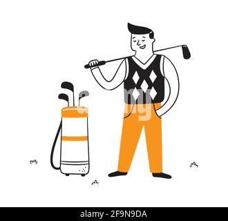 Joueur de golf dessiné à la main avec club. Golfeur en style doodle. Illustration vectorielle isolée Illustration de Vecteur