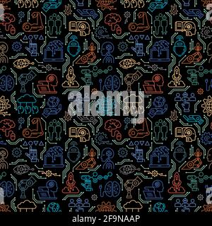 Un motif transparent est coloré d'icônes de robotique, d'ordinateurs, d'androïdes et d'intelligence artificielle dans le style de ligne. Illustration de Vecteur