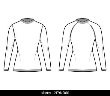 Ensemble de chandails de pêcheur à côtes illustration technique de la mode avec col ras du cou, manches longues raglan, corps ajusté, longueur de hanche, bordure en tricot. Vêtements plats sur le devant, couleur blanche. Femmes, hommes unisex CAD maquette Illustration de Vecteur