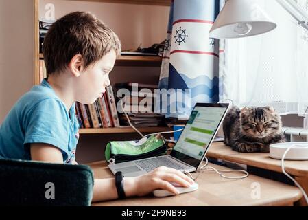 Garçon d'école utilisant son ordinateur portable et assis à son bureau à la maison avec un chat d'animal de compagnie dormant sur la table, les enfants utilisant l'ordinateur Banque D'Images