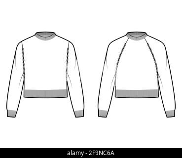 Ensemble de chandails courts style pêcheur à côtes, illustration technique de la mode avec col ras du cou, manches longues raglan, taille large, bordure en tricot. Vêtements plats sur le devant, couleur blanche. Maquette CAD pour femmes et hommes Illustration de Vecteur