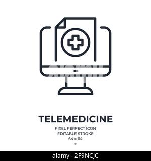 Icône de contour de contour modifiable de télémédecine isolée sur une illustration vectorielle plate d'arrière-plan blanche. Pixel parfait. 64 x 64. Illustration de Vecteur