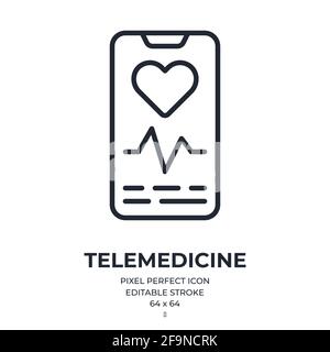 Icône de contour de contour modifiable de l'application Telemedicine ou Fitness Tracker isolée sur une illustration vectorielle plate d'arrière-plan blanche. Pixel parfait. 64 x 64. Illustration de Vecteur