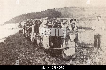 Burlachki sur la rivière Sura en Russie en 1915. Banque D'Images