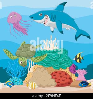 Cartoon poissons tropicaux et belle du monde sous-marin avec les coraux Illustration de Vecteur